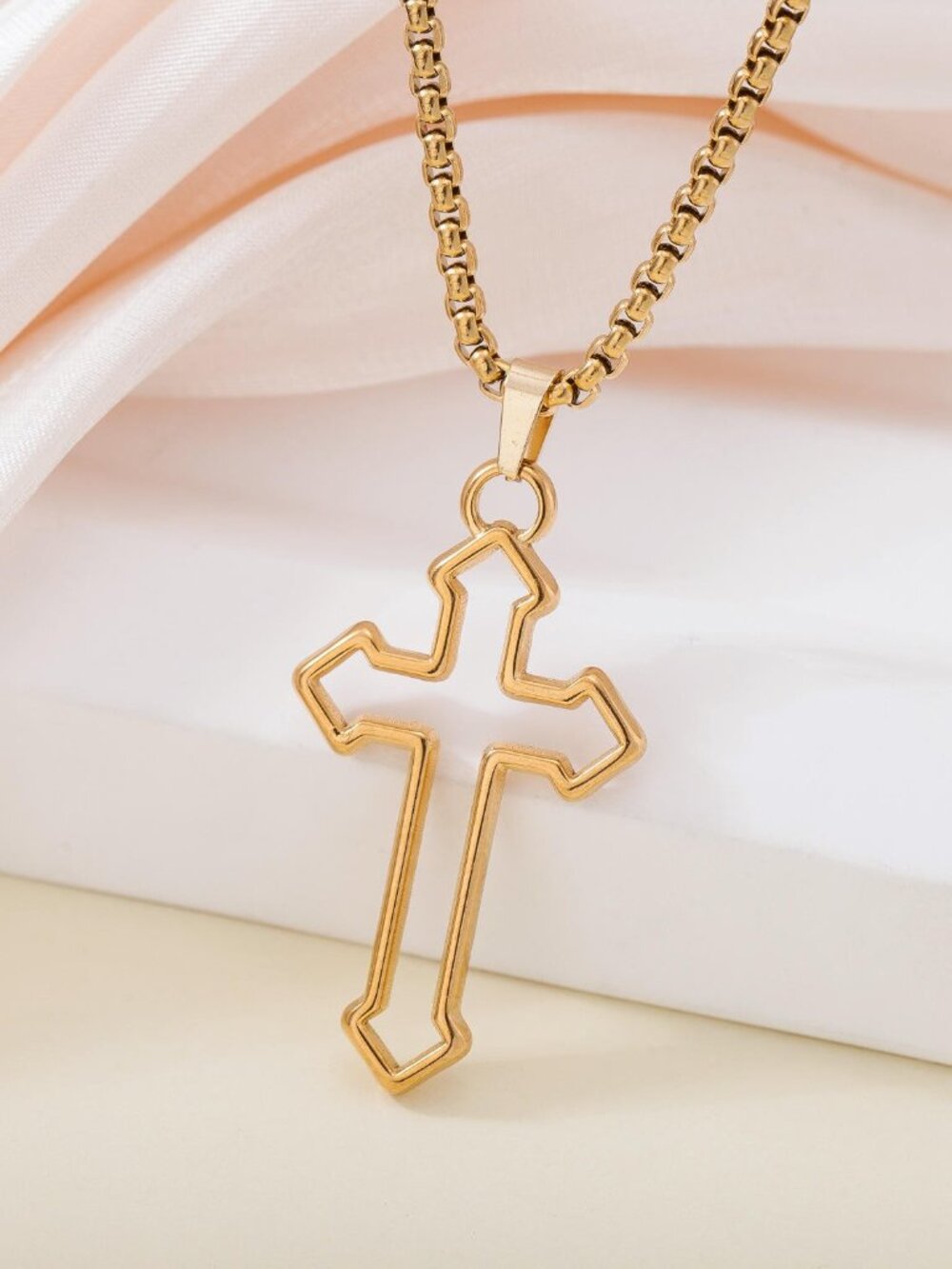 Gold Cross Pendant Necklace Open Outline Christian Faith Religious Jewelry Gift